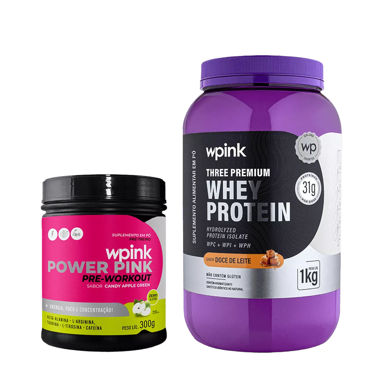 whey protein doce de leite – 1 kg + super power pink de maçã verde – 300g